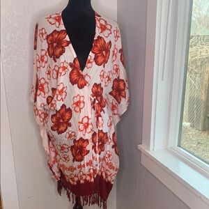 Ucho Bali Floral Rayon Kimono Cover Up Fringe Hem Boho Beach Resort One Size